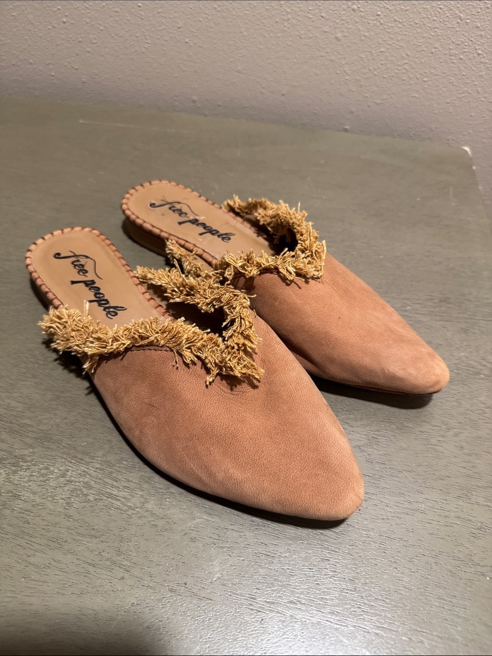 Free People Tan Fringe Pointed Slip-On Mules size 38